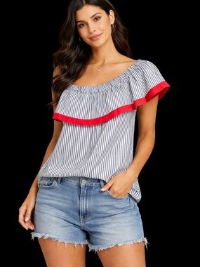 Vince Camuto Navy & White Stripe Off-Shoulder Top with Red Trim